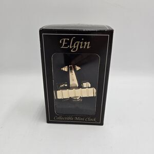 Vintage Elgin Collectible Mini Clock Bi-Plane Airplane Gold Brass NIB Aviation